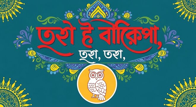 Vibrant Bengali typography design with owl and floral patterns on teal background
