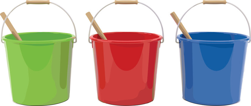 Colorful plastic buckets with handles and sticks vector illustration household cleaning containers set for home utility and maintenance design