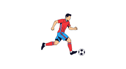 Obraz premium Soccer player dribbling ball with speed across pitch vector illustration professional athlete in red and blue uniform during match performance isolated on white background sport movement design.