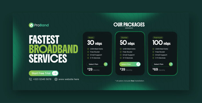 Broadband internet service social media facebook cover & web banner design template with modern pricing table