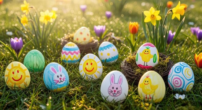 Easter eggs in grass with flowers.