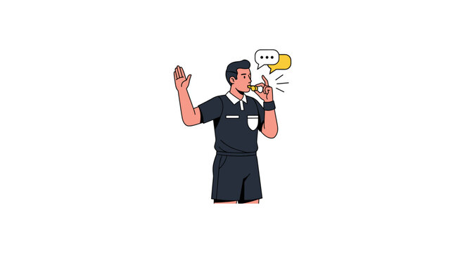 Professional football referee blowing whistle and raising hand to signal foul vector illustration of official in black uniform making decision during soccer match with speech bubbles decoration.