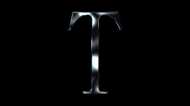 Silver metallic Capital letter "T". Alpha channel. Serif font. Seamless loop video.
