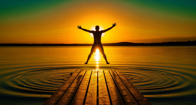 Silhouette of a man jumping on a wooden pier at sunset. Golden sun reflects on calm lake water with ripples. Freedom and success concept, ideal for wellness and travel marketing.