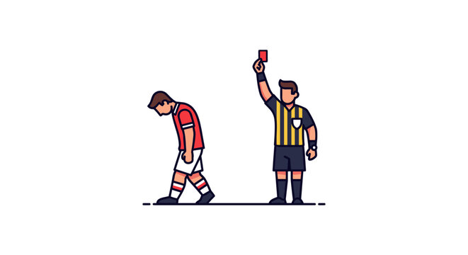 Soccer referee showing red card to disappointed player walking off field vector illustration of official sending off athlete for penalty during football match competition on stadium ground.