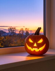 Fototapeta premium Glowing jack o lantern on windowsill.