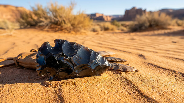 Ancient obsidian arrowhead artifact resting in desert sand with rocky formations in background