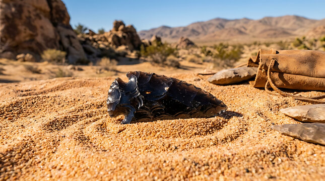Ancient obsidian arrowhead artifact resting on sandy desert ground with arid mountains in background