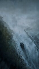 Fototapeta premium Foggy Roadside Scene Watercolor Illustration Evokes Caution and Cinematic Environmental Storytelling