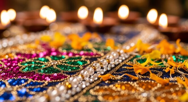 Close-up of a vibrant and ornate Diwali rangoli with diyas lit in the background.