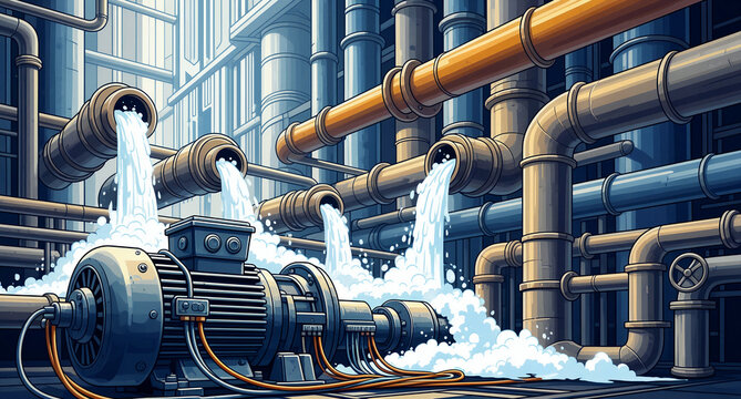 Water flows from pipes onto an industrial motor engine. Illustration of a complex factory piping system and machinery. Industrial cooling or leak concept, ideal for engineering and maintenance media.