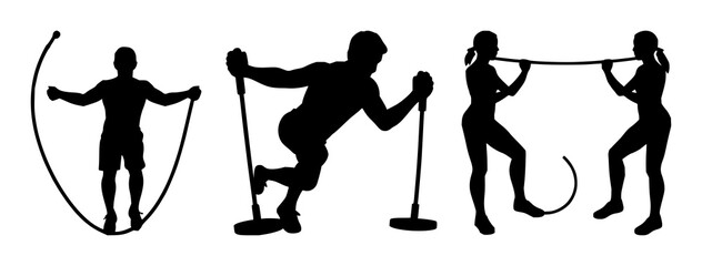 Jump rope set with simple black icon on white background featuring fitness, exercise, cardio with silhouette and single rope © MSTRAHIMA
