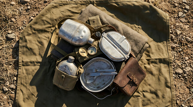 Vintage Military Camping Gear Collection Featuring Canteens, Mess Kit, and Compass
