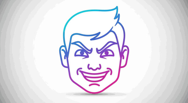 Evil Grinning Man Face Outline, Villainous Expression, Mischievous Smile, Cartoon Style