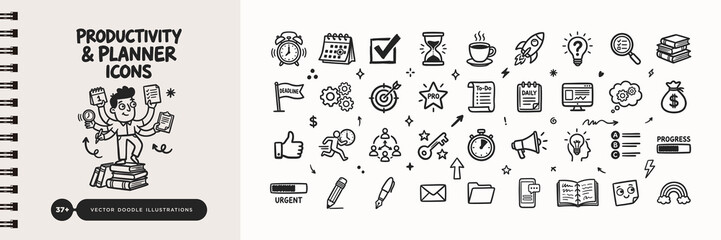Hand drawn productivity and time management doodle icons with multitasking businessman character © Studio181