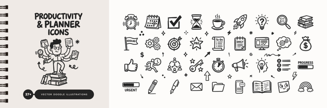 Hand drawn productivity and time management doodle icons with multitasking businessman character