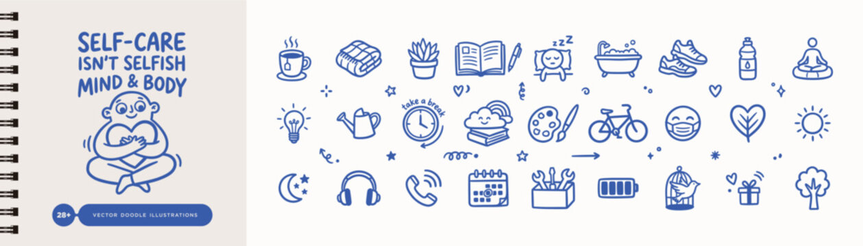 Self care and mental health doodle icon set with wellness lifestyle vector illustrations