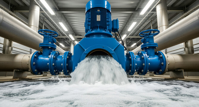 Industrial blue pump discharging water into a treatment tank. Steel pipes and valves working in a modern utility facility. Infrastructure and hydraulic engineering concept for water management.