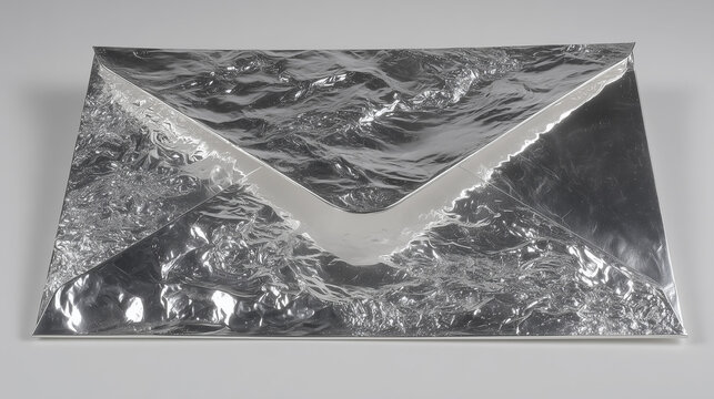 high-fashion art book photography of a solid brushed steel invitation envelope, metallic silver matte finish