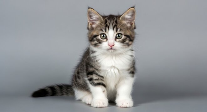 Adorable tabby and white kitten sitting on a gray background, studio portrait of a young fluffy cat looking at camera.
