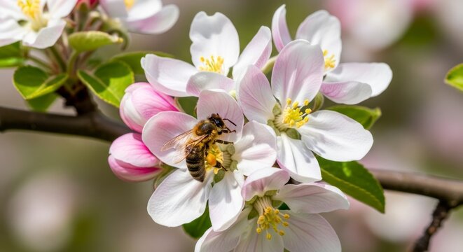 Bee on white and pink flowers, collecting pollen from blossoms on a tree branch