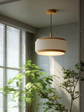 minimalist design of a chinese-style ceiling light with a round shape and a white glass shade on top of a wooden plate