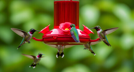 Obraz premium Multiple hummingbirds feeding at a bright red garden feeder. Tiny birds drink nectar against a lush green bokeh background. Nature photography ideal for wildlife and backyard birding content.