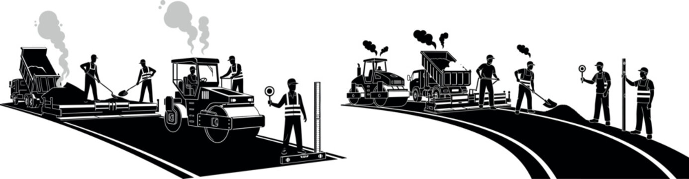 Silhouette workers paving road with steamroller machinery teamwork manual labor construction engineering asphalt pavement transport infrastructure project