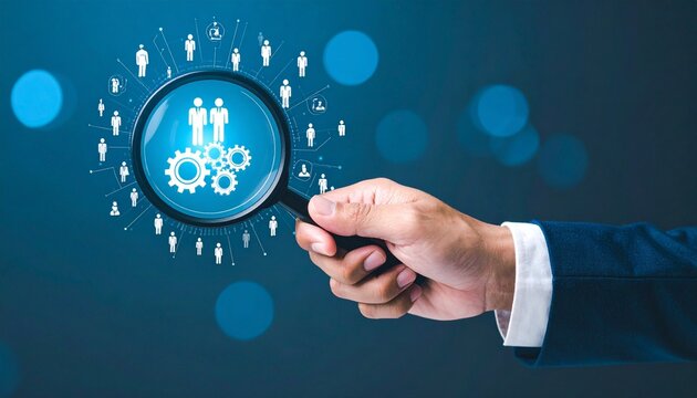 Magnifying glass highlights teamwork on gears within professional network.