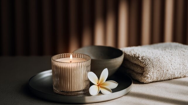 Lit candle glows softly beside plumeria flower and folded towel. Moody lighting enhances warm amber tones and wooden textures. Serene spa scene invites relaxation and calm. Ideal for wellness, massage