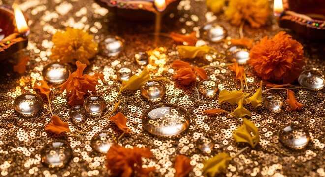 Close-up of Diwali decorations with diyas marigold flowers and shimmering sequins.