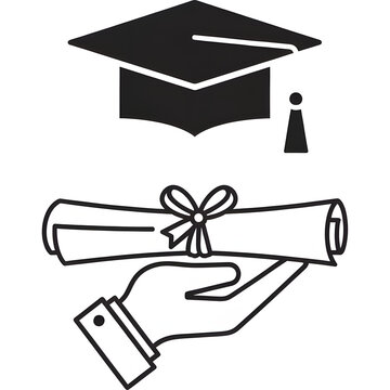 Minimalist graduation icon showing hand holding certificate and classic mortarboard