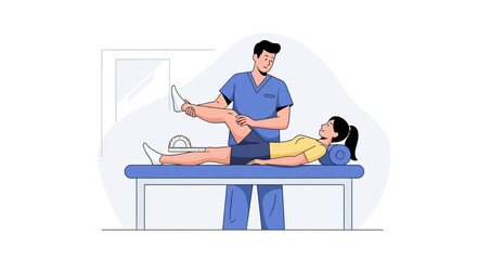 Fototapeta premium Physical therapist examining patient's leg flexibility on examination table