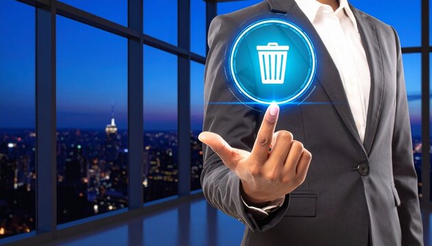Businessman pointing holographic trash icon for digital data deletion