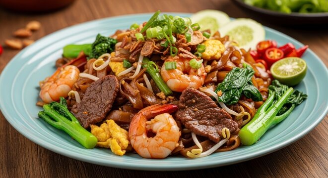 Stir-fried flat rice noodles with shrimp and beef, delicious Southeast Asian noodle dish with fresh vegetables