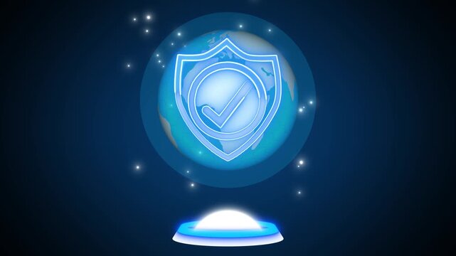 Glowing hologram of a shield with check mark over a globe, floating above a futuristic pedestal on dark blue background, symbolizing cybersecurity and data protection.