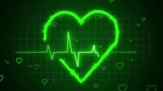 Neon green glowing heart outline with electrocardiogram line on dark grid background, surrounded by small heart icons; futuristic intercontinental love and health concept.
