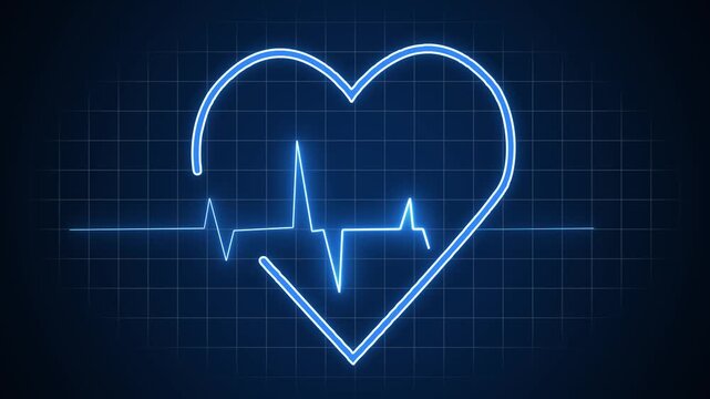Glowing blue neon heart outline with electrocardiogram pulse line on dark grid background, medical cardiology concept with copy space.