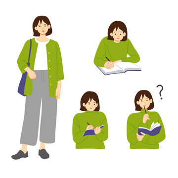 Young Woman Student Study Activities Set Flat Illustration Writing Reading Thinking and Daily Life Poses