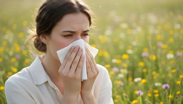 Sick person with facial tissue outdoors suffering from seasonal hay fever in a blooming flower meadow for summer allergy concept during a bright sunny day