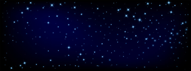 Blue night sky with scattered stars. Shimmering starfield on dark cosmic gradient backdrop. Bright flare dots, galaxy particles. Space poster, astronomy banner, fantasy wallpaper. Vector texture. © YEVHENIIA