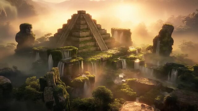 Aerial slow motion tracking shot of ancient stepped pyramid ruins with cascading waterfalls and mossy statues in misty jungle at sunrise