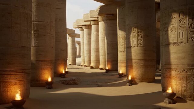 Tracking shot through ancient egyptian temple columns with burning braziers and sunlight in desert ruins