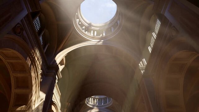 Slow motion tilt up of cathedral interior sunlight beams through dome skylight in historic church nave