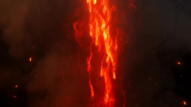 Slow motion vertical tracking of lava flow cascading down volcanic vent with glowing embers in smoky night sky