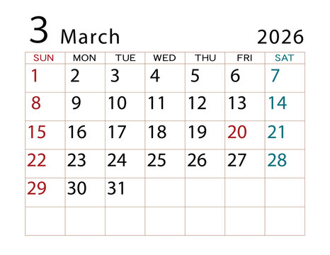 2026年カレンダー　3月 ⑵