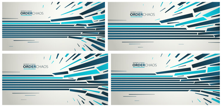 Entropy concept vector abstract background set with debris flying in chaos, destruction theme wallpaper, exploded pieces disorder 3D design