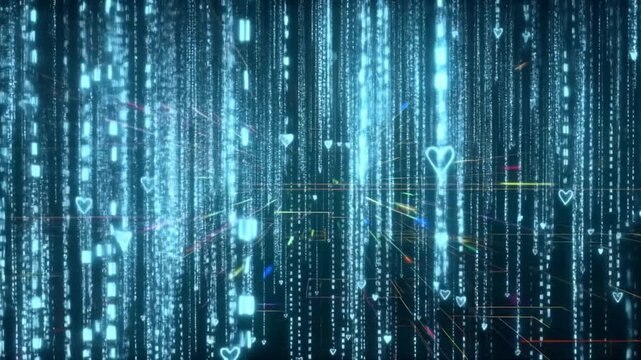 Tracking shot of glowing digital heart icons streaming through neon data grid in virtual network environment