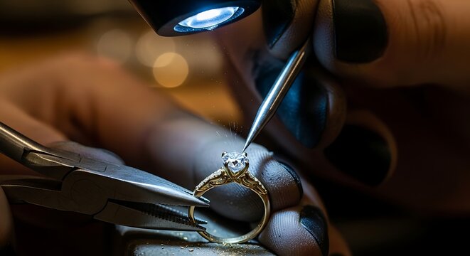 Close up professional jeweler repairing diamond gold ring with precision tools