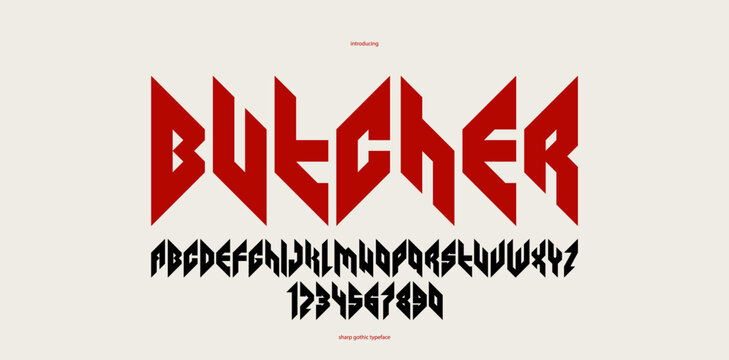 Sharp and bold gothic font for logo creation of for headlines, edgy geometric modern vector typeface, heavy metal and hard rock style alphabet with numbers.